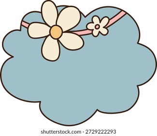 Flower cloud frame with daisy ribbon and bold outline, roomy center for message or label. Symbol of joy, retro vibe, and positivity for greeting, poster, or scrapbook. Cartoon vector illustration.