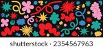 Flower and cloud shapes geometric abstract sticker pack  in trendy retro 90s 00s cartoon style.. waves, loop, star,  bubble, funky flower, Groovy.  with wavy and spiral elements Vector illustration.