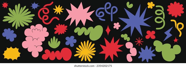 Flores y nubes moldea un empaque de emoticones abstractos geométricos en el estilo de dibujos animados retro de los años 90. ondas, bucle, estrella, burbuja, flor funky, Groovy.  con elementos ondulados y espirales Ilustración vectorial.