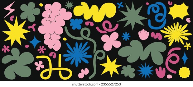 Flower and cloud shapes geometric abstract sticker pack  in trendy retro 90s 00s cartoon style.. waves, loop, star,  bubble, funky flower, Groovy.  with wavy and spiral elements Vector illustration.