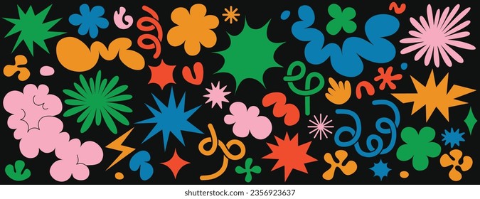 Flower and cloud shapes geometric abstract sticker pack  in trendy retro 90s 00s cartoon style.. waves, loop, star,  bubble, funky flower, Groovy.  with wavy and spiral elements Vector illustration.