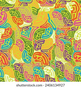 Flores y nubes moldea un empaque de emoticones abstractos geométricos en el estilo de dibujos animados retro de los años 90. ondas, bucle, estrella, burbuja, flor funky, Groovy. con elementos ondulados y espirales Ilustración vectorial