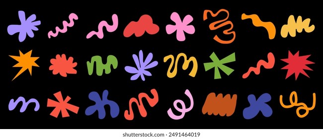 Flower and cloud shapes geometric abstract sticker pack in trendy retro 90s 00s cartoon style.. waves, loop, star, bubble, funky flower, Groovy. with wavy and spiral elements Vector illustration.