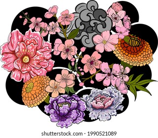 Blume und Wolke, Vektorgrafik für Tätowierungen.Traditionelle japanische Blumengrafik für Doodle-Kunst und Farbbuch auf weißem, isoliertem Hintergrund.Chinesische Welle und Pfirsiche Flower.sakura und Peony.