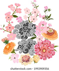 Flower and cloud vector for tattoo background.Traditional Japanese floral illustration for doodle art and coloring book on white isolated background.Chinese wave and peony flower.sakura and peony.