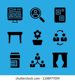 flower, collaboration, table, pills, television, search, businessmen, curtains and speaker vector icon. Simple icons set