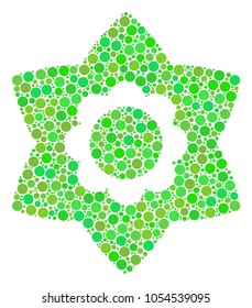 Flower collage of filled circles in different sizes and fresh green color tones. Vector round dots are composed into flower collage. Ecology vector illustration.