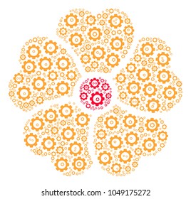 Flower collage of mechanical wheels. Vector tooth gear objects are composed into flower pattern.