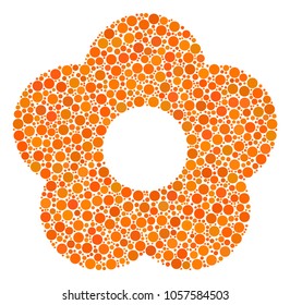 Flower collage of round dots in various sizes and color tints. Filled circles are composed into flower vector mosaic. Vector illustration.
