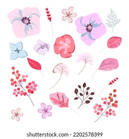 Flower collection of abstract vector images. Delicate flowers and leaves with decorative elements. Isolated design elements for the design of greeting wedding cards, wallpaper, patterns, print.