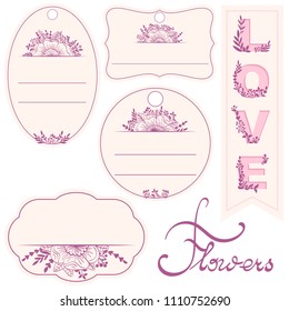 Flower Collection of labels from paper of different shapes. Pink and violet color floral set for announcements, greeting cards, posters, advertisement. Botanical Round, rectangle, different template