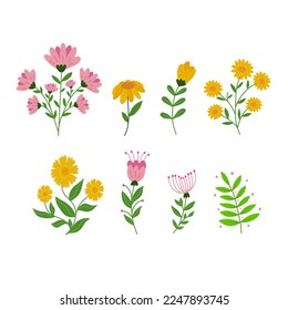 Colección de flores con hojas, ramos de flores. Flores vectoriales. Impresión artística primaveral con elementos botánicos.