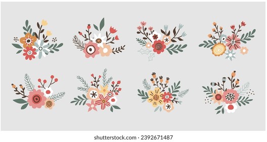 Flower collection with leaves, flower bouquets. Vector flowers. Spring art print with botanical elements in hand drawn style