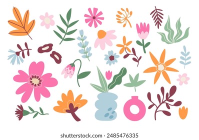 Flower collection with leaves, flower bouquets. Vector flowers. Spring art print with botanical elements. Posters for the spring holiday. Icons isolated on a white background.