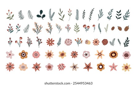 Flower collection with leaves, flower bouquets. Vector flowers. Spring art print with botanical elements in hand drawn style	
