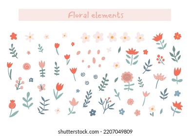 Flower collection with leaves, floral bouquets. Vector flowers. Spring art print with botanical elements. Happy Easter. Folk style. Posters for the spring holiday. icons isolated on white background. 