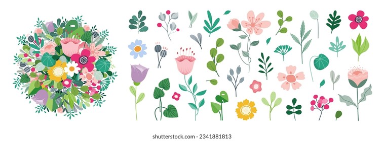 Flower collection with leaves, floral bouquets. Vector flowers. Spring art print with botanical elements. Happy Easter. Folk style. Posters for the spring holiday. icons isolated on white background