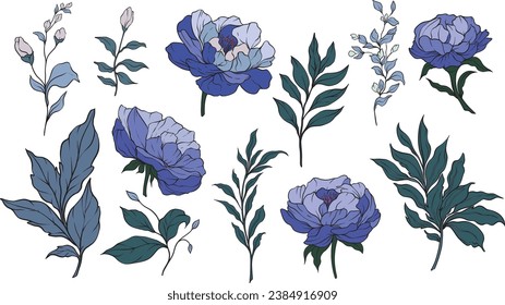 Flower collection with leaves, floral bouquets. Vector flowers. Spring art print with botanical elements. Folk style. Posters for the spring holiday. icons isolated on white background.