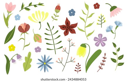 Flower collection with leaves, floral bouquets, branches. Spring art print with botanical elements and wildflowers. Posters for the spring holiday. icons isolated on white background. Vector illustrat