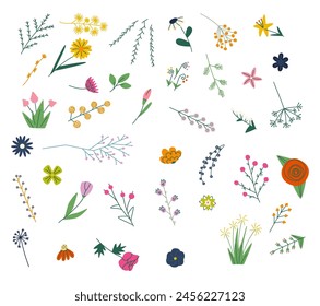 Flower collection with leaves, floral bouquets. Vector flowers. Spring art print with botanical elements. Happy Easter. Folk style. Posters for the spring holiday. icons isolated on white background.