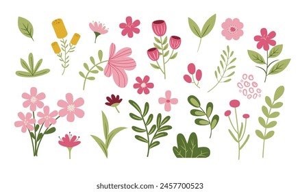 Colección de flores con hojas, ramos florales. Vector Flores Simples. Impresión de arte de primavera con Elementos botánicos. Feliz Pascua. Estilo Folk. Carteles para las vacaciones de primavera.
