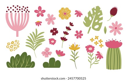 Flower collection with leaves, floral bouquets. Vector Simple Flowers. Spring art print with botanical elements. Happy Easter. Folk style. Posters for the spring holiday.
