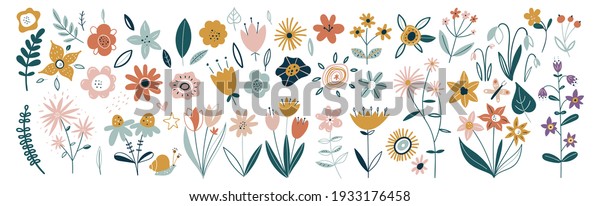 Flower collection with leaves, floral\
bouquets. Vector flowers. Spring art print with botanical elements.\
Happy Easter. Folk style. Posters for the spring holiday. icons\
isolated on white\
background.