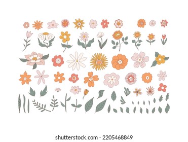 Flower collection with leaves, floral cartoon icons. Retro clip art print with botanical elements. Vintage 70s stickers in hand drawn style. Isolated on white background. Vector illustration.