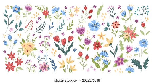 Flower collection with leaves, floral elements. Spring art print with botanical. Flat Folk style. Holiday poster. icons isolated on white background.Vector flowers. 