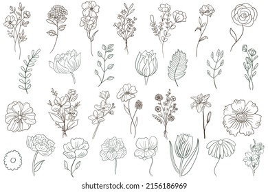 Flower collection with leaves, Spring art print with botanical elements. Happy Easter.floral bouquets. Vector flowers. icons isolated on white background. Folk style. Posters for the spring holiday. 