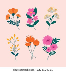 Flower collection with leaves, vector flowers. Collection of various blooming plants. Spring flowers illustration. Isolated on pink background. Perfect for posters, instagram posts.