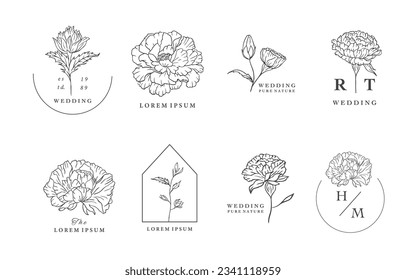 flower collection with line carnation element.Vector illustration for icon,sticker,printable,tattoo