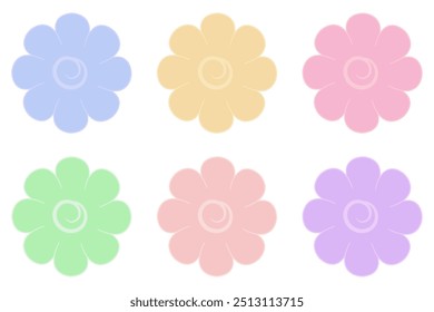 Flower collection. Multicolored inflorescences of a flowering plant. Color vector illustration. Cartoon style. Flower head. Eight blossomed rounded petals. Opened flower bud. Isolated white background