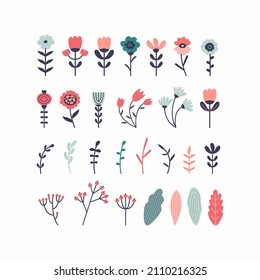 Flower collection of plant elements isolated on white background. Hand drawn flowers, stems, leaves, grass, floral branch. Folk style. Botanical rustic trendy flat illustration in Scandinavian style