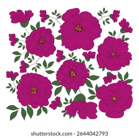 Coleção de flores. Conjunto de peônias para cartões de saudação e decoração de tecido. Conjunto de Peonies. Desenho em estilo plano.  Ilustração floral vetorial