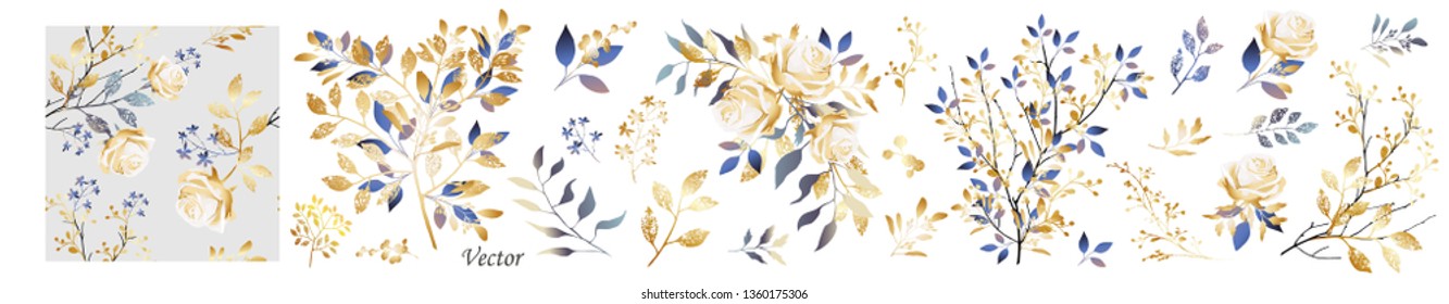 Flower collection. Set: roses, blue leaves, composition of flowers, branches and gold elements, seamless background, Vector design