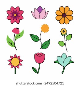 Ilustración vectorial de Colección de flores. Conjunto grande de flores. Rose, Lily, Tulip, daisy, lotus, girasol y más.  Estilo de contorno de diseño simple. aislado sobre fondo blanco. dibujo de flores con arte lineal. 