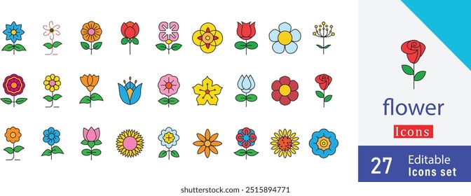 Flower colorful filled vector icon set. 
