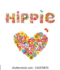 Flower colorful print with hippie lettering and heart flower shape isolated on white background