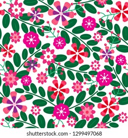 Flower colorful seamless pattern background cartoon vector illustration. Cute pink red blossom and green leaf on white background.