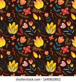 Ilustración de primera calidad en el fondo negro con motivos de color de las flores sin foco