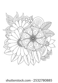 Flower coloring book for adults. Black and white vector illustration.