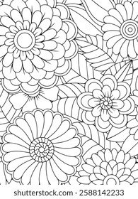 flower coloring book page for adults. black and white floral background