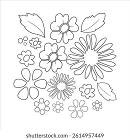 flower coloring book, set of flowers and leafs. flower line art.	