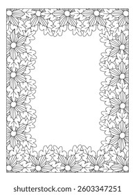 Flower Coloring Border page for Adults. Page for coloring book. Outline flowers. Doodles in black and white. Vector black and white coloring page for coloring book. 