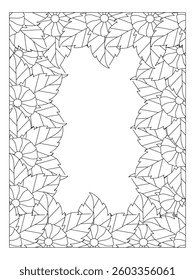 Flower Coloring Border page for Adults. Page for coloring book. Outline flowers. Doodles in black and white. Vector black and white coloring page for coloring book. 