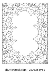 Flower Coloring Border page for Adults. Page for coloring book. Outline flowers. Doodles in black and white. Vector black and white coloring page for coloring book. 