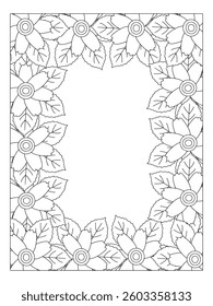 Flower Coloring Border page for Adults. Page for coloring book. Outline flowers. Doodles in black and white. Vector black and white coloring page for coloring book. 