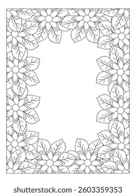 Flower Coloring Border page for Adults. Page for coloring book. Outline flowers. Doodles in black and white. Vector black and white coloring page for coloring book. 