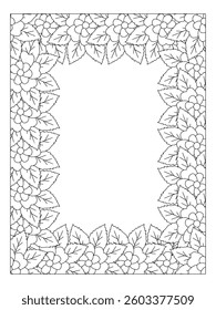 Flower Coloring Border page for Adults. Page for coloring book. Outline flowers. Doodles in black and white. Vector black and white coloring page for coloring book. 